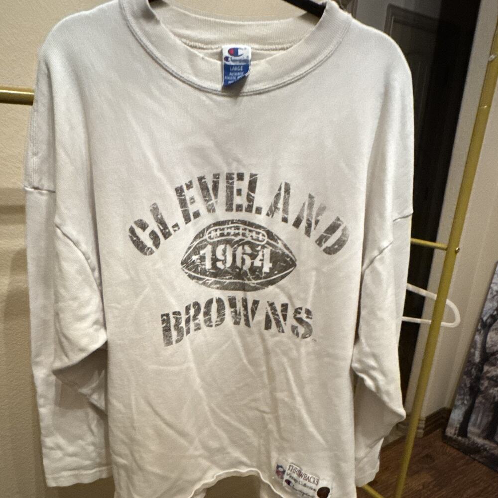 Vtg 90s Champion Throwbacks Cleveland Browns 1964 Sweatshirt Large Cream NFL